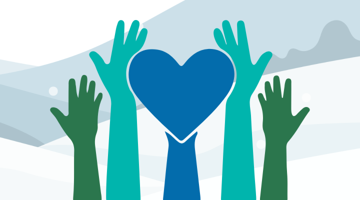 Illustration of several raised hands holding up a blue heart against a winter-themed background.
